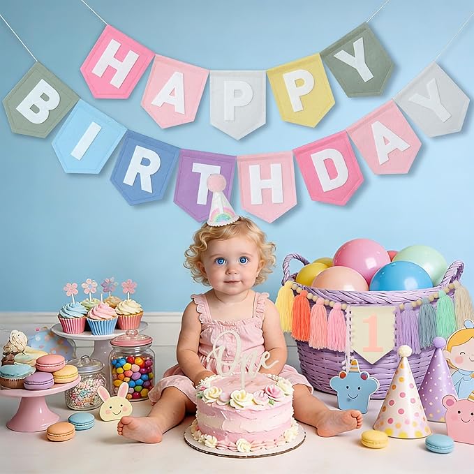 Pastel Macaron Rainbow High Chair Banner Felt Happy Birthday Banner Pre-Strung Birthday Party Decorations For 1st Girl Birthday Backdrop
