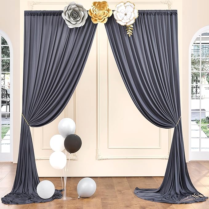 40ft×10 ft Wrinkle Free Grey Backdrop Curtain for Parties, 8 Panels 5×10 ft Soft Silky Polyester Charcoal Photo Backdrop Drapes for Birthday Baby Shower Baptism Wedding Photography