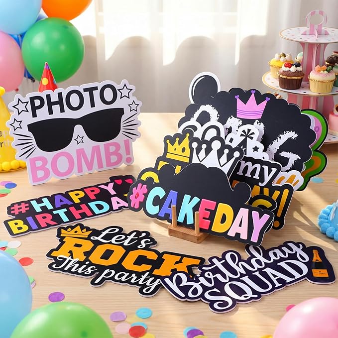 24 Pcs Birthday Photo Booth Props Single Sided 11.8" Photo Booth Props Birthday Parties Decorations Set DIY Water Proof Selfie Signs PVC Printing for Party Businesses
