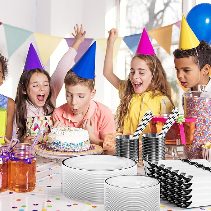 ROVSUN 800 Piece Black Disposable Dinnerware Set for 100 Guests, Clear Plastic Plates for Party, 100 Pre-Rolled Napkins,Silverware,Dinner & Dessert Plates,Cups,Straws for Wedding Birthday Event