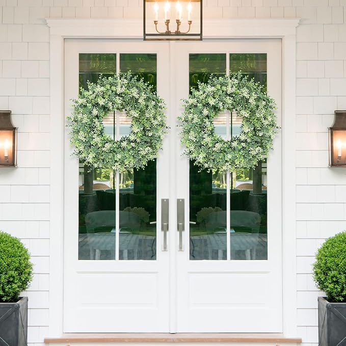 26IN Large Boxwood Wreath for Front Door Green Faux Wreaths Spring Summer Artificial Boxwoods Leaves Door Wreath with White Seeds Greenery Outdoor Indoor Window Porch Wall Home Door Decor All Season
