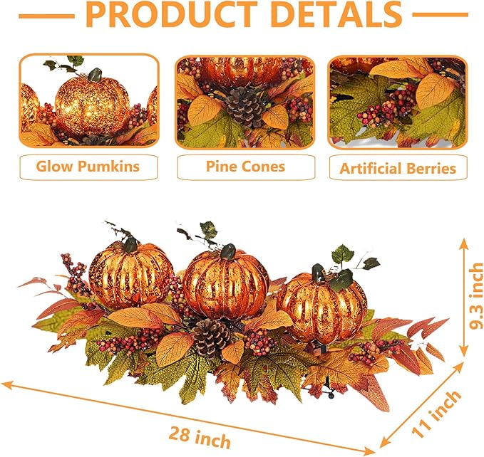 Fall Table Centerpiece with 3 Harvest Pumpkins, Lighted with Timer for Thanksgiving Table Decorations Centerpieces, Autumn Home Decor Battery Operated, 28 Inches