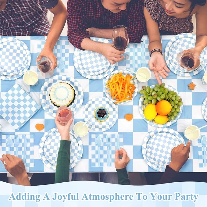 452 Pcs Light Blue and White Checkered Party Supplies for 50, Blue Checkered Gingham Paper Plates Napkins Cups Tablecloth Cutlery Straws for Picnic Camping Birthday Baby Shower Decoration