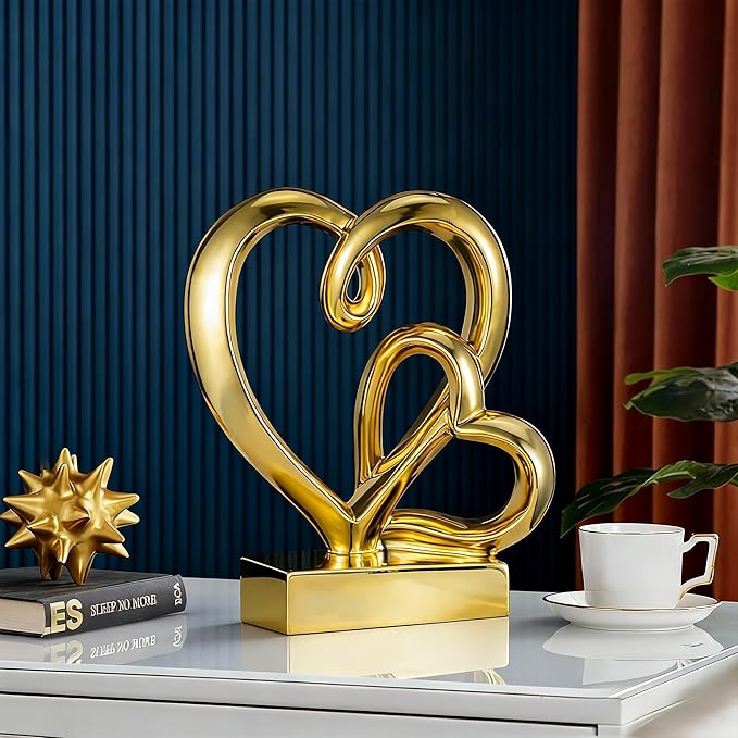 Valentine's Day Wedding Anniversary Couples Gifts-Two Hearts Decor Resin Statue,1st to 50th for Her/Him,Engagement Present, Shimmering Love Symbol for Couple, Romantic Home Accent