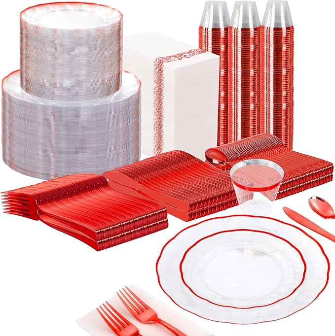 LIYH 700 Pcs Red Plastic Dinnerware Set for 100 Guests, Disposable Plastic Wavy Red Plates Include Dinner & Dessert Plates,Napkins,Cups,Cutlery for Party Valentine's Day and Mother's Day 100 Guests