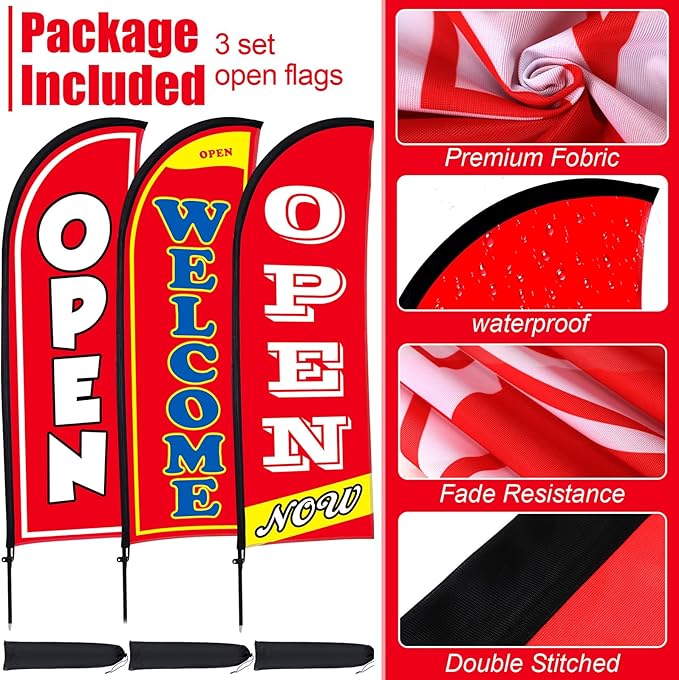 Buryeah 3 Sets Now Open Feather Flag Banner for Business Advertising 7 Feet Tall Grand Opening Feather Flag Sign with Fiberglass Pole Kit Rotating Ground Spike and Portable Bag(Red)
