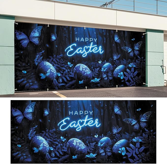 Happy Easter Glowing Banner 7x16FT, Neon Happy Easter Design with Blue Butterflies and Easter Eggs, Spring Holiday Decoration for Yard and Garage