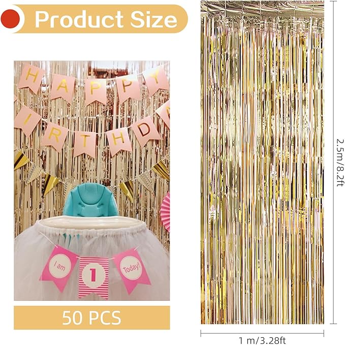 Champagne Gold Foil Fringe Curtains 50 Pack 3.2ft x 8.2ft Fringe Backdrop Curtains Metallic Tinsel Streamer Photo Backdrop for Birthday Party Decorations Halloween Christmas Party Supply