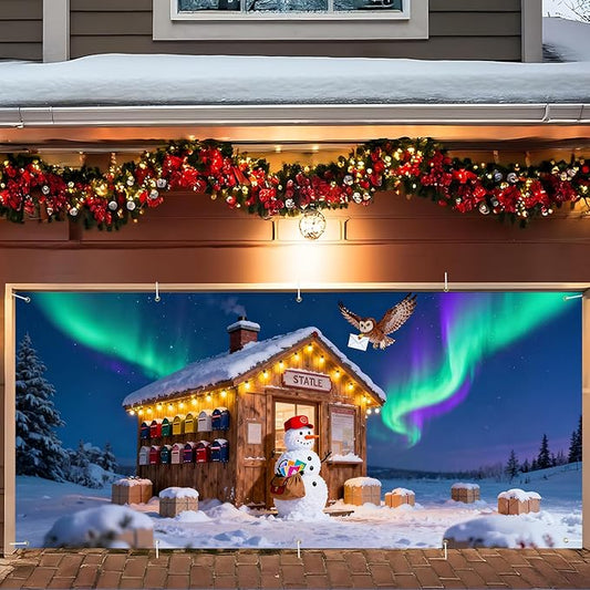 Christmas Garage Door Banner 7x16FT Snowman Post Office & Aurora Scene, Winter Garage Cover for Outdoor Holiday Decorations