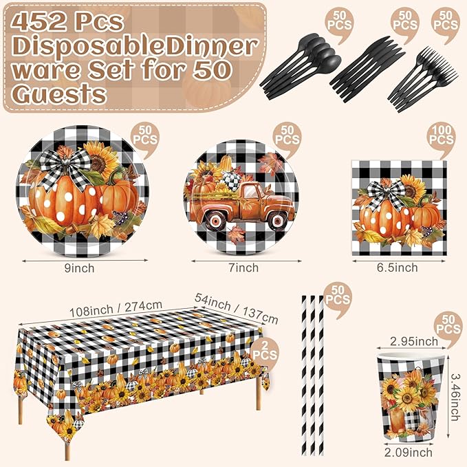 452 Pcs Fall Thanksgiving Party Decorations, Black White Buffalo Plaid and Orange Pumpkin Maple Leaves Paper Plates Napkins Cups Tablecloth Cutlery Straws for Autumn Harvest Party Supplies