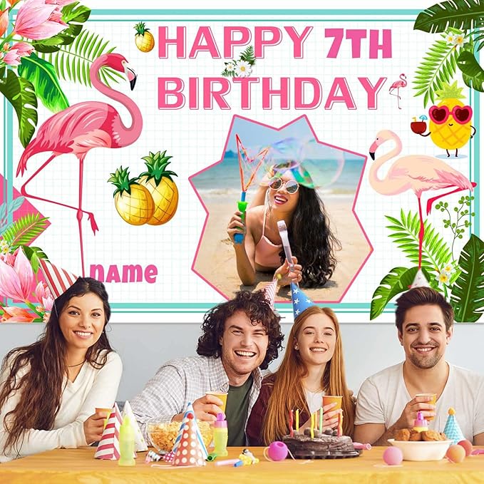 Custom Flamingo Hawaiian Tropical Happy Birthday Party Decorations Supplies Personalized Flamingo Hawaiian Tropical Birthday Luau Party Backdrop Banner(5x7.5ft)