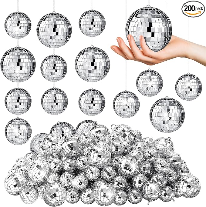 Hoolerry 200 Pcs Mini Mirror Disco Ball Ornaments Mardi Gras Small Silver Hanging Decorations Reflective Tiny Balls Bulk for 70s 80s 90s Disco Party, Christmas Tree(2'', 1'')