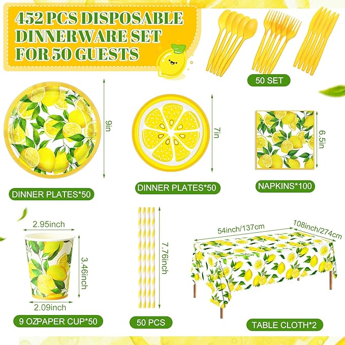452 Pcs Lemon Party Decorations, Yellow Lemons Paper Plates Napkins Cups Tablecloth Cutlery Straws for Summer Fruit Theme Birthday Wedding Baby Shower Party Supplies, Serves 50