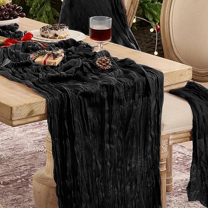 12 Pack Cheesecloth Table Runner 120 Inch Boho Rustic Gauze 10 FT Black Cheese Cloths Table Runners Decorations for Halloween Birthday Party Baby Shower Wedding Holiday Home Decor