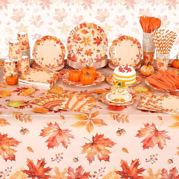 452 Pcs Thanksgiving Fall Party Decorations, Maple Leaves Thanksgiving Paper Plates Napkins Cups Tablecloth Cutlery Straws for Autumn Fall Theme Birthday Holiday Party Supplies, Serves 50