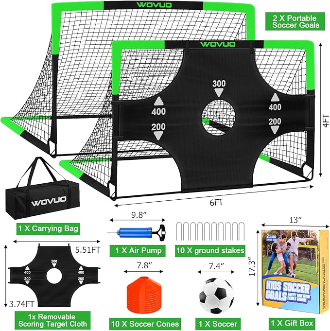 Kids Soccer Goals for Backyard Set of 2, 6x4 ft Portable Toddler Soccer Goal Training Equipment with Soccer Target, Ball, Cones, Soccer Net for Kids Age 3-5 6-8 8-12 10-12-14 Outdoor Sports Games Gift