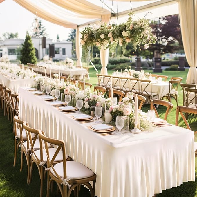 2 Packs Ivory Spandex Tableclothes for 6 Foot Rectangle Tables, Wrinkle Free 6ft Fitted Table Cover Stretch Table Cloth Desk Skirt for Weddings Baby Shower Birthday Party Banquet Decorations