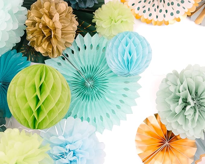 PapaKit Deluxe Origami Large Wall Decoration Set (Assorted Paper Fans & Pom-poms) Birthday Party Baby Shower Wedding Event Decor | Creative Art Design Pattern (Sage Green, Deluxe 26 Piece Set))