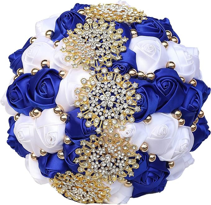 Brooch Wedding Bouquet with Bling Gold Rhinestone Pearl Satin Rose Flower Quinceanera Bridal Bouquet for Bride Bridesmaid Wedding Royal Blue and White 8.3in