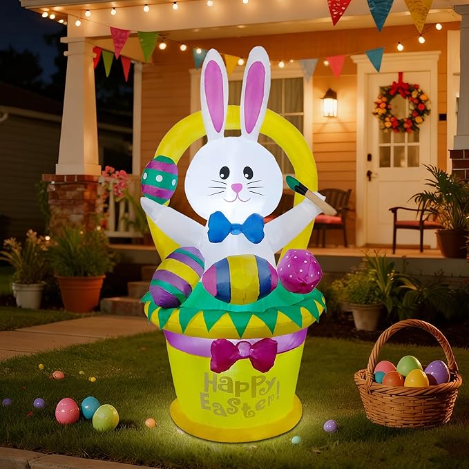 5 FT Easter Inflatable Outdoor Decoration, Inflatables Bunny with Basket and Eggs, Happy Easter Blow up Rabbit for Yard Lawn Garden Holiday Party