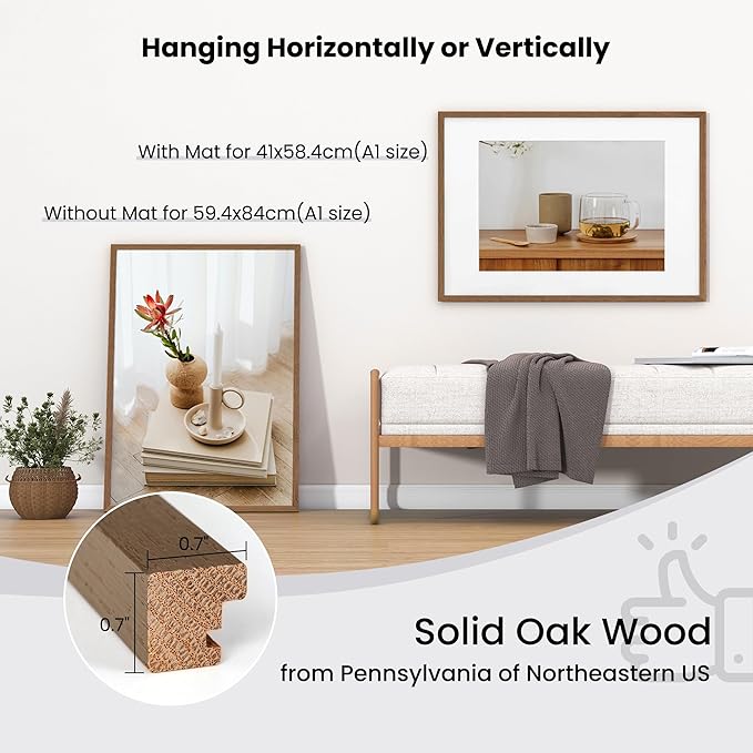 Axeman A1 Picture frame Solid Oak Wood, 23.4 x 33.1 inch Large Picture Frames with Mat 16.5 by 23.4 for Photo, A1 Size Frames Matted to A2 Print, 23.4x33.1 Thin Frame, Tempered Glass, Natural Oak