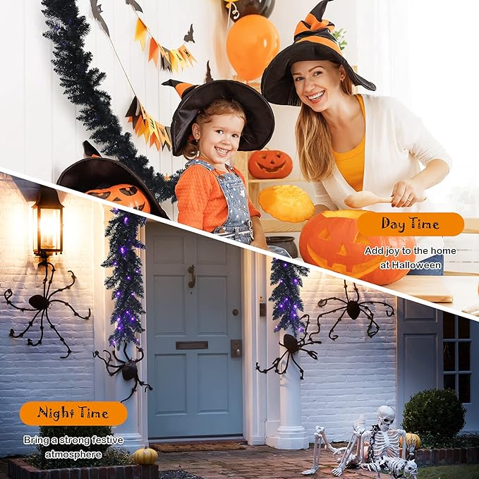 Goplus 9FT Black Christmas Garland with Lights, Pre-lit Artificial Battery Operated Halloween Garland W/ 50 LED Lights, Waterproof Controller with Timer, Xmas Decorations for Indoor Stairs Fireplace