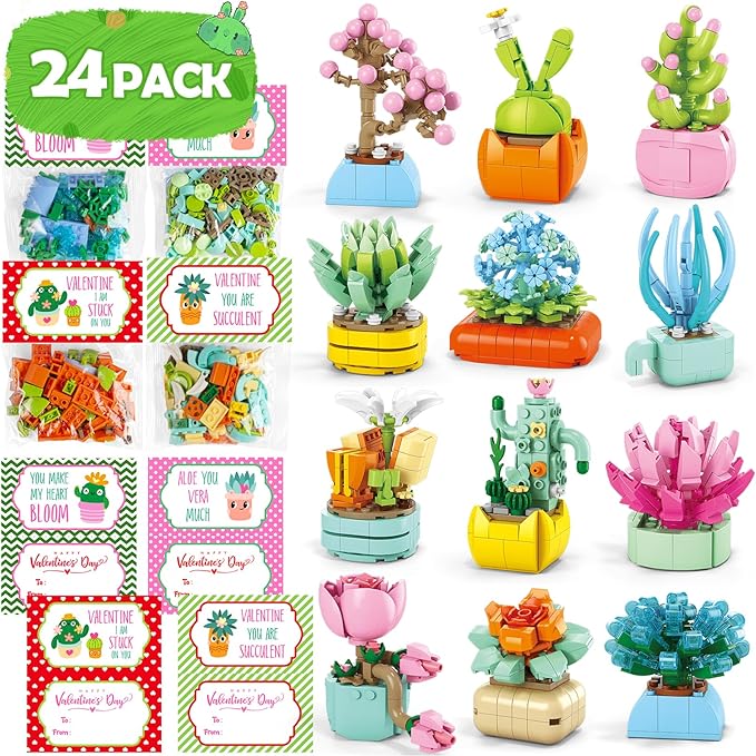 Valentines Day Gifts for Kids - 24 Packs Succulents Building Blocks with Valentines Day Cards for Kids School Boys Girls, Artificial Botanical Toy Exchange Gifts Classroom Prizes Party Favor