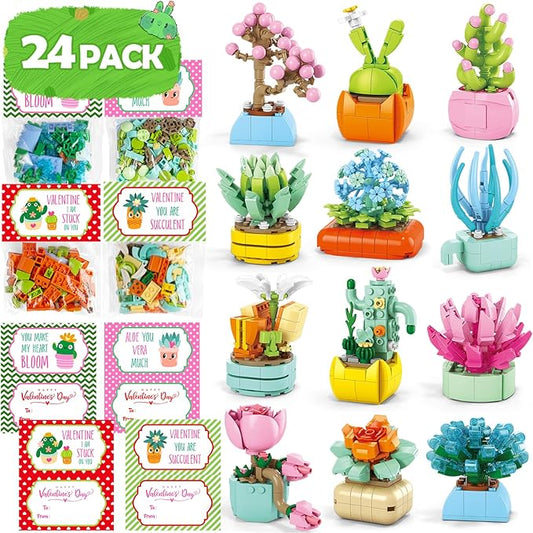 Valentines Day Gifts for Kids - 24 Packs Succulents Building Blocks with Valentines Day Cards for Kids School Boys Girls, Artificial Botanical Toy Exchange Gifts Classroom Prizes Party Favor