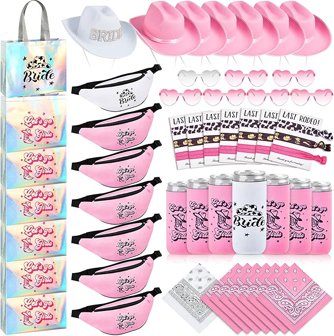 49 Pcs Cowgirl Bachelorette Party Favors Set Bachelorette Cowgirl Hats Bridesmaid Fanny Pack Can Sleeves Hair Ties Paisley Bandanas Heart Glasses Tote Bags for Bridal Shower