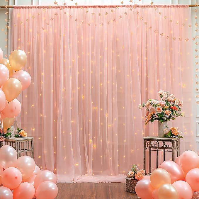 20x10ft Peach Tulle Backdrop Curtain with Lights String for Parites, Sheer Photo Backdrop Curtains with Lights for Wedding Backdrop Ceremony Reception Bridal Shower Baby Shower Birthday Party