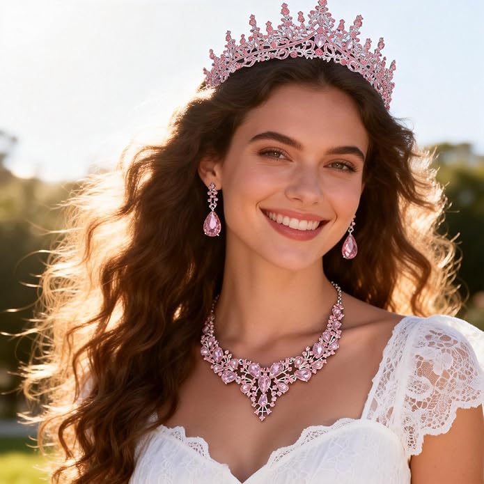 Kamirola Tiaras and Crowns for Women,Tiaras Earrings Necklace, Crystal Bridal Jewelry Set（TR83
