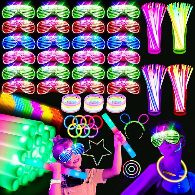 248 PCS Glow Party Supplies, Glow in the Dark Party Favors 24PCS Foam Glow Sticks, 24PCS LED Glasses and 200PCS Glow Sticks Bracelets, Neon Party Favors for Wedding,Concert,Raves and Birthday