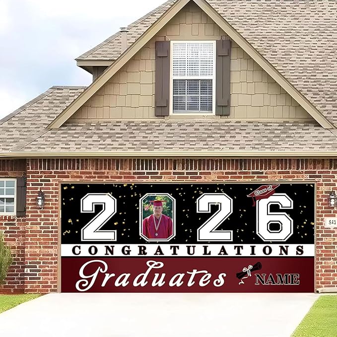 Custom Graduation Garage Door Banner Decoration 7x16ft with Photo Congrats Garage Door Cover 2026 Party Photo Booth Backdrop Party Supplies(Maroon)