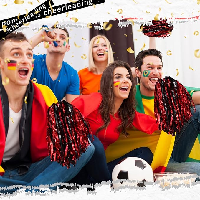 Hanaive 100Pcs Metallic Cheerleading Pom Poms with Baton Handle Cheerleader Pompom Foil 30g Cheering Squad Hand Flowers for Adults Team Spirit Sports Party Cheering