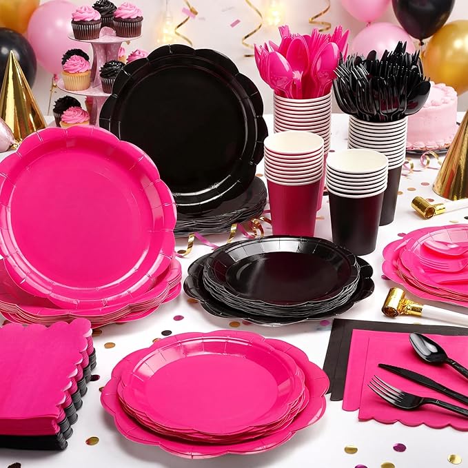 Pickmesh 400 Pcs Hot Pink and Black Birthday Party Supplies Include Hot Pink Disposable Paper Plates Napkins Cups Cutlery for Women Black Bridal Shower Bachelorette Party Decorations Serve 50