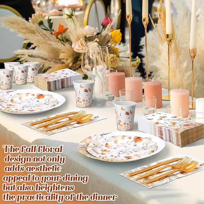 400 Pcs Fall Wild Floral Disposable Paper Plates Napkins Cups Serve 50 Floral Tableware Set for Autumn Thanksgiving Harvest Wedding Tea Party Decoration Bridal Shower Baby Shower
