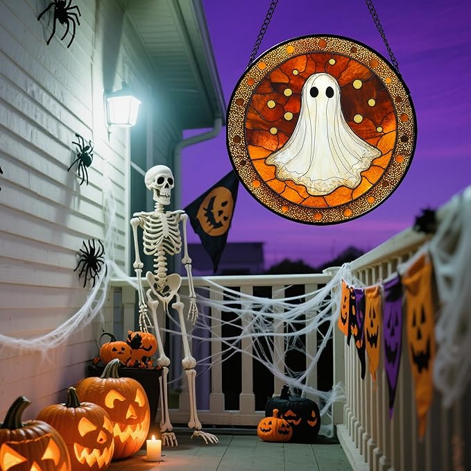 Stained Glass Window Hanging - Halloween Decorations White Ghost Suncatcher for Doors Garden Indoor Spooky Funny Orange Sun Catchers Gothic Decor Horror Gifts for Women Men Friend 11.8 in