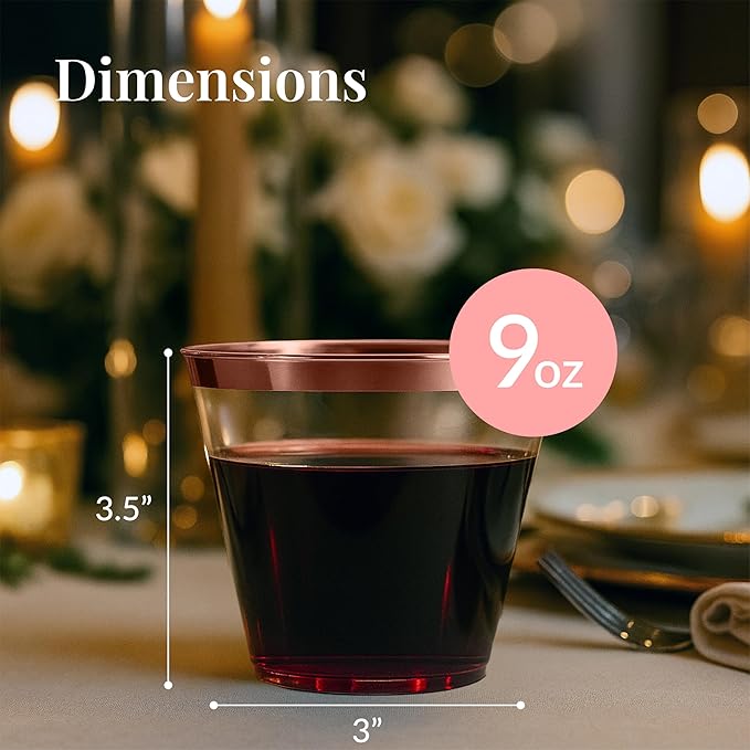 Prestee 200 Rose Gold Plastic Cups, 9oz – Elegant Hard Disposable Tumblers for Wine, Cocktails & Beverages – Clear Plastic Cups with Rose Gold Rim – Bulk Party Drinkware for Weddings, Holidays & Event