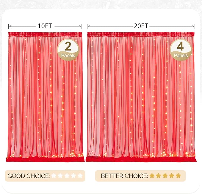 10x10ft Red Tulle Backdrop Curtain with Lights String for Parites, Sheer Photo Backdrop Curtains with Lights for Valentines Wedding Backdrop Ceremony Reception Bridal Baby Shower Birthday Party