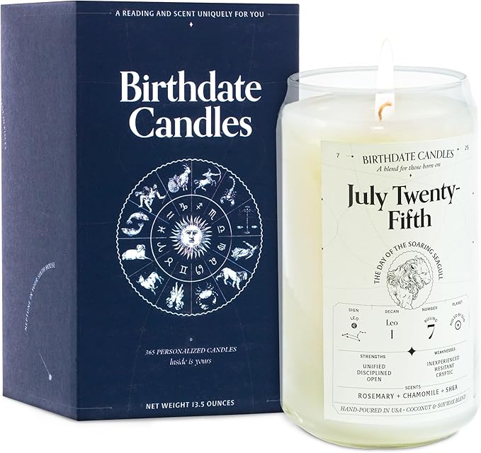 Birthdate Candles, July 25 - Leo Zodiac Scented Candles Birthday Gift - Rosemary, Chamomile & Shea Scent - All-Natural Soy & Coconut Wax, 60-80 Hour Burn Time - Made in USA