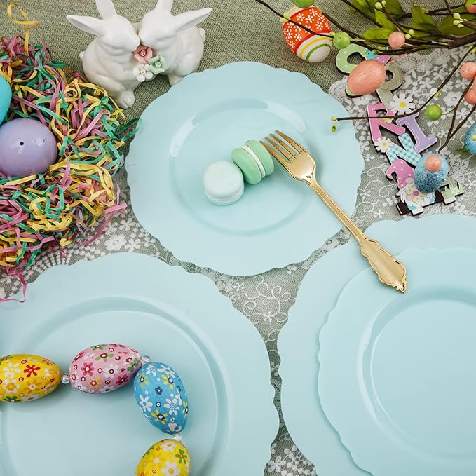 WDF 60pcs Mint Green Plastic Plates - Baroque Dinner Plates Including 30 Green Plates Disposable10.25inch, 30 Dessert Plates 7.5inch for Upscale Wedding, Parties