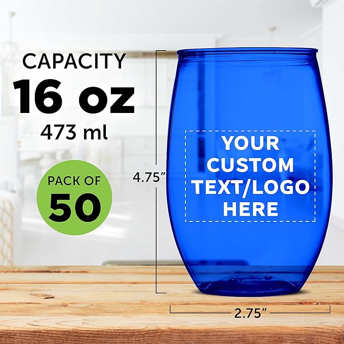 Custom Plastic Stemless Wine Glasses 16 oz. Set of 50, Personalized Bulk Pack - BPA Free, Great for Outdoor Lounges, Poolside, Parties and Other Events - Blue