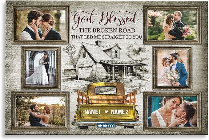 Dem Canvas Personalized Couple Canvas Prints, Custom Love Photo And Name, Beautiful Farmhouse God Blessed The Broken Road, Wedding Gifts For Couple Anniversary Valentines Engagement Gift For Couples