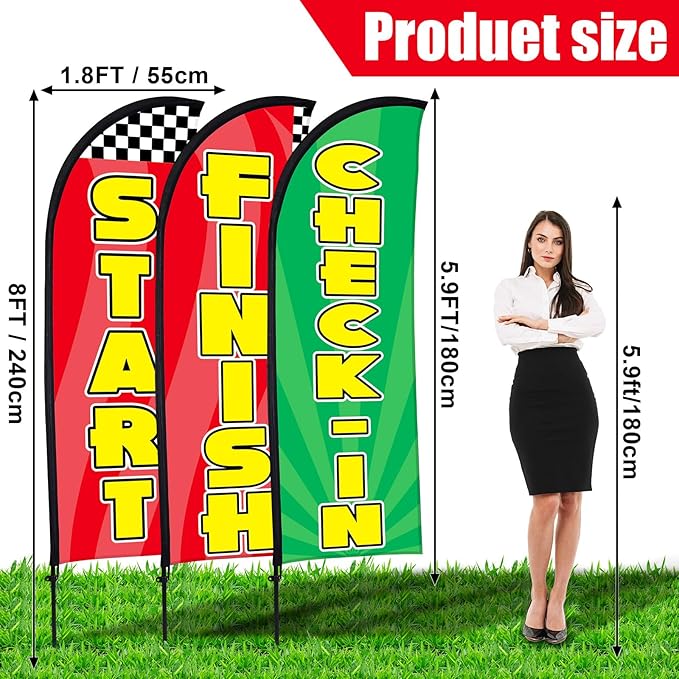Buryeah 3 Sets Start Finish and Check-in Feather Flag 8 ft Start Advertising Banner Swooper Flag with Pole Kit and Ground Stake for Marathons and Special Events Outside, Red and Green