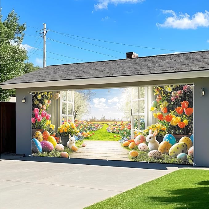 Easter Garden View Garage Door Banner 7x16FT, Spring Flowers, Easter Eggs & Bunnies, Outdoor Decoration for Yard, Garage & Front Door