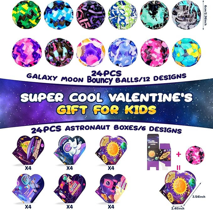 24 Pack Valentines Day Gifts for Kids, 24 Moon Bouncy Balls with Valentines Day Cards for School Class Exchange Goodies Bag Stuffers Classroom Party Favors