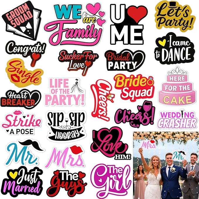 24 Pcs Wedding Photo Booth Props Single Sided 11.8" Funny Photo Booth Props Wedding Marriage Parties Decorations DIY Waterproof Selfie Signs PVC Printing for Reception Bridal Party Supplies