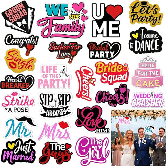 24 Pcs Wedding Photo Booth Props Single Sided 11.8" Funny Photo Booth Props Wedding Marriage Parties Decorations DIY Waterproof Selfie Signs PVC Printing for Reception Bridal Party Supplies