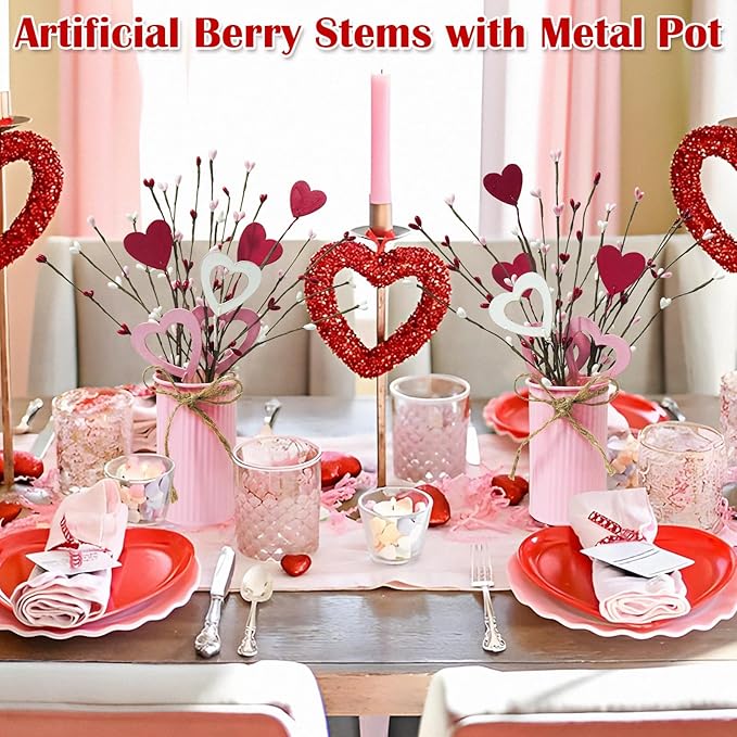 TORONTOKYO Valentines Day Decor, 6 Pack Valentine's Day Artificial Potted Plant Heart Shaped Valentines Day Picks with Berries Metal Pot for Home Office Table Centerpiece Decor