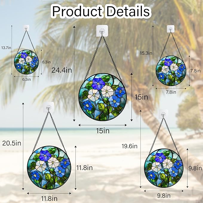 Stained Glass Window Hanging - Blue White Morning Glory Birth Flower Suncatcher for Door Garden Yard Sun Catchers Decor Christmas Mother's Day Birthday Gifts for Women Mom Nana Friend 9.8 in